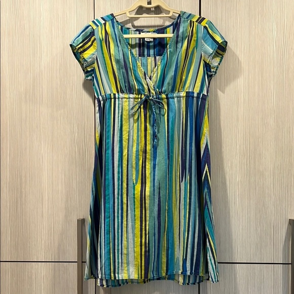 RARE Boden | Empire Waist Faux Wrap Mini Dress 100% Cotton | Blue/Yellow | Sz 4R - Picture 1 of 12